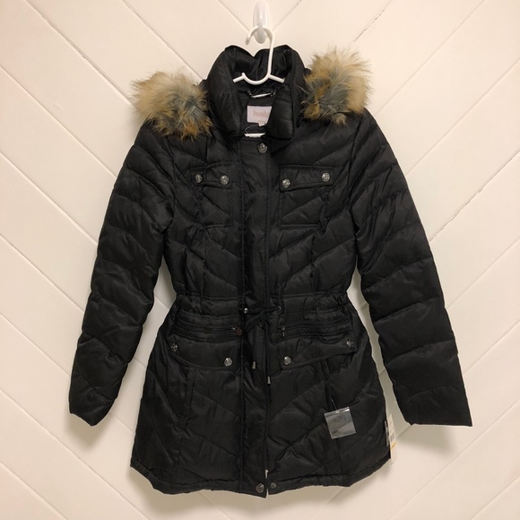 Laundry by Shelli Segal Faux Fur Trim Long Hooded Down /& Feather Fill Coat